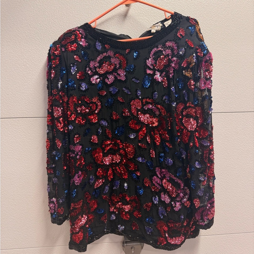 Vintage Oleg Cassini Black Sequin mini dress with Red, Purple & blue sequins